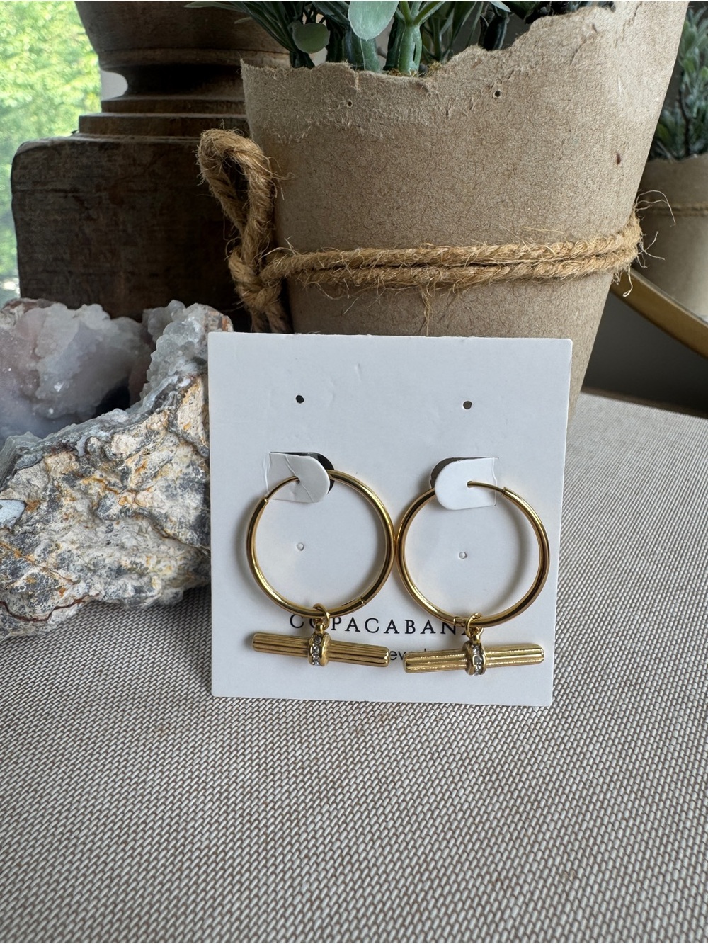 NWT Copa Jewelry Gold Hoop Earrings with Rhinestone Bar Charm